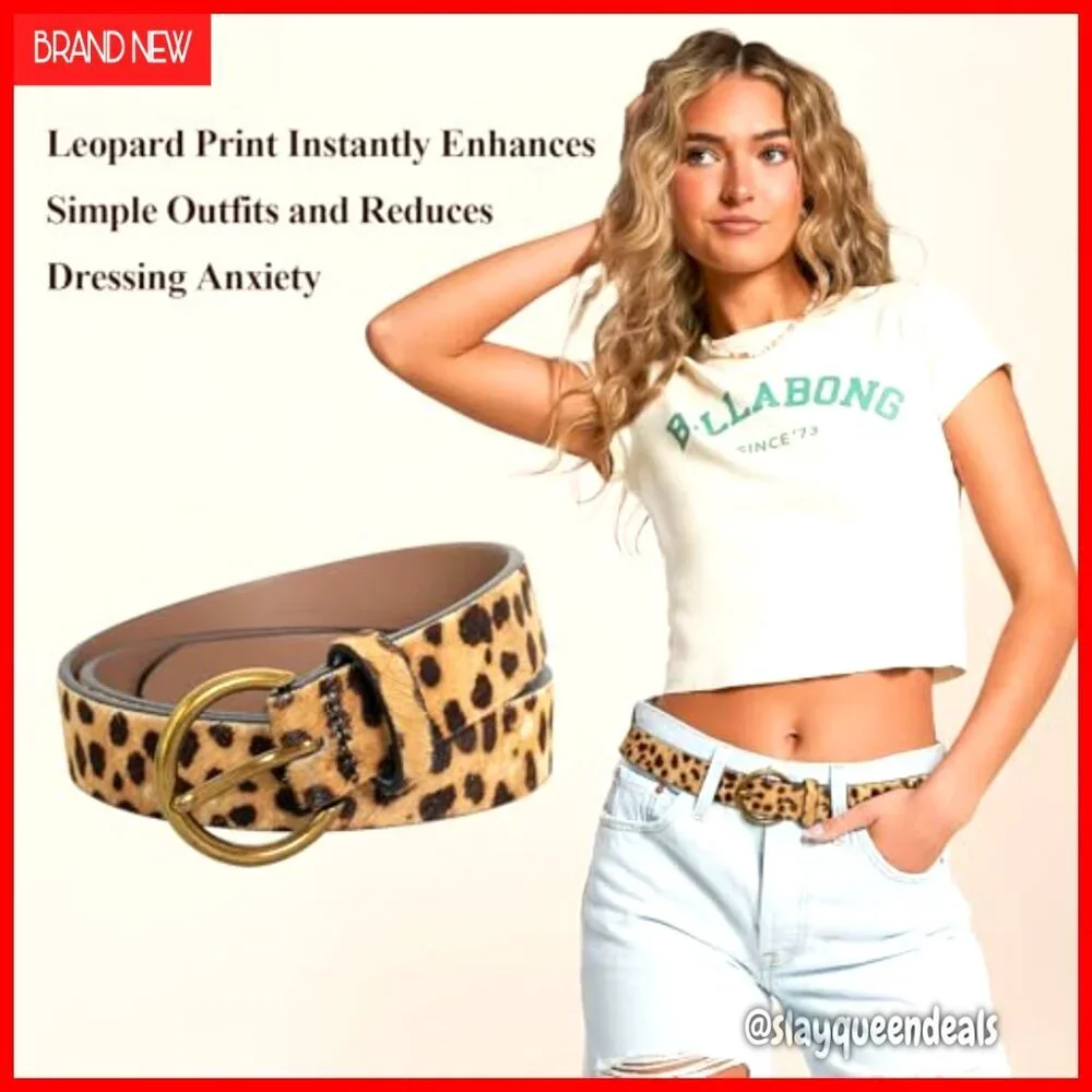 Leopard Print Belt with Copper Buckle Adjustable 27-44 Inches Faux Leather